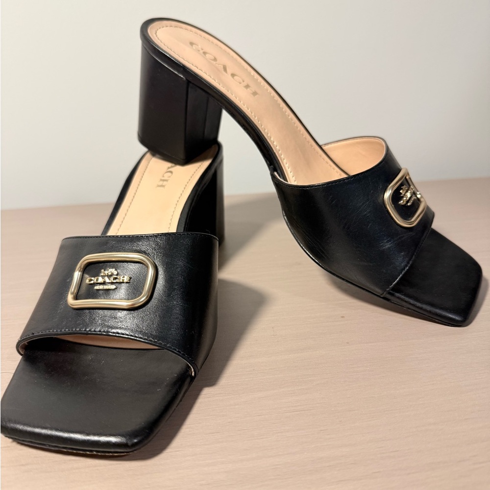 COACH Black Genuine Leather Block Heel Slide Sandals